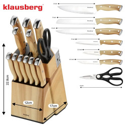 Klausberg KB 9038 konyhakéskészlet, 13 darab, beépített élező, rozsdamentes acél, állvány, barna