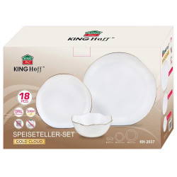 Kinghoff KH 2037 étkészlet, 18 darabos, 6 főre, opálos üveg, arany szegély, fehér