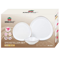 Kinghoff KH 2036 étkészlet, 18 darabos, 6 főre, opálüveg, arany szegély, fehér