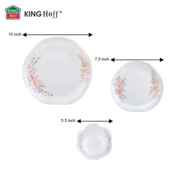 Kinghoff KH 2035 étkészlet, 18 darabos, 6 főre, opálüveg, virágmotívum, fehér