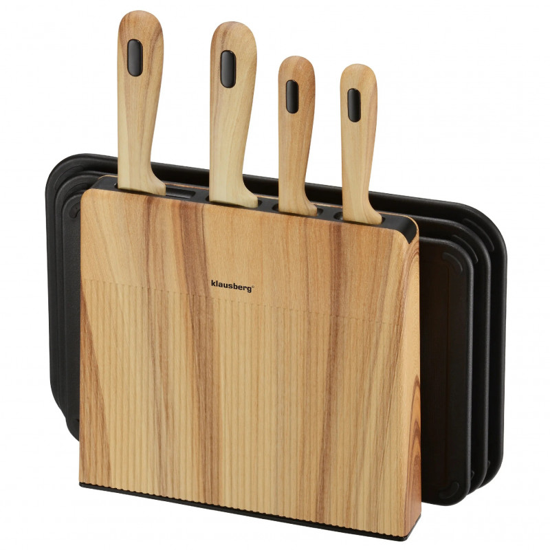 Set de cuțite și tăvi de tăiat Klausberg KB 9037, 8 piese, oțel inoxidabil, suport, maro/negru