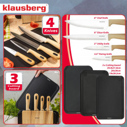 Klausberg KB 9037 kés- és vágódeszka-készlet, 8 darabos, rozsdamentes acél, állvány, barna/fekete