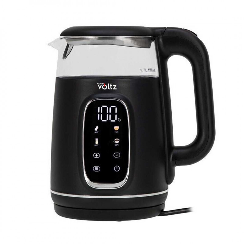 Електрическа кана Oliver Voltz OV51230AF, 2200W, 1.7 л, 4 режима, 13 темп. настройки, LCD дисплей, Сензорен контрол, Черен/Сребрист