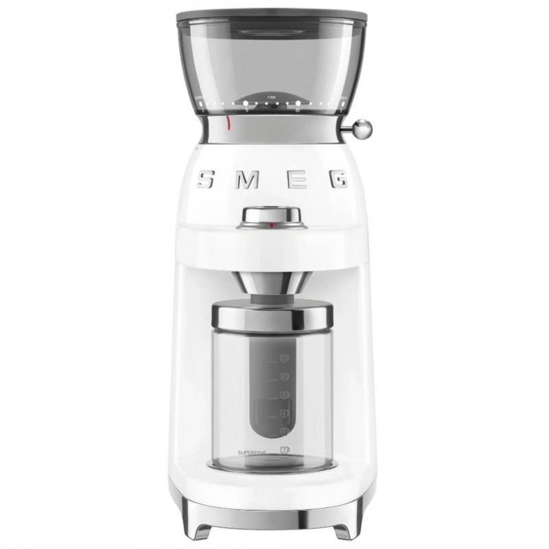Кафемелачка Smeg CGF03WHEU, 150W, 240 г, Система за завъртане и заключване, Ръчна функция, Бял