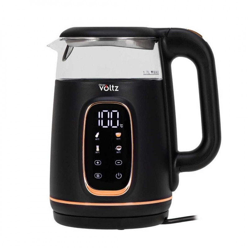 Електрическа кана Oliver Voltz OV51230AF, 2200W, 1.7 л, 4 режима, 13 темп. настройки, LCD дисплей, Сензорен контрол, Черен/Розово злато