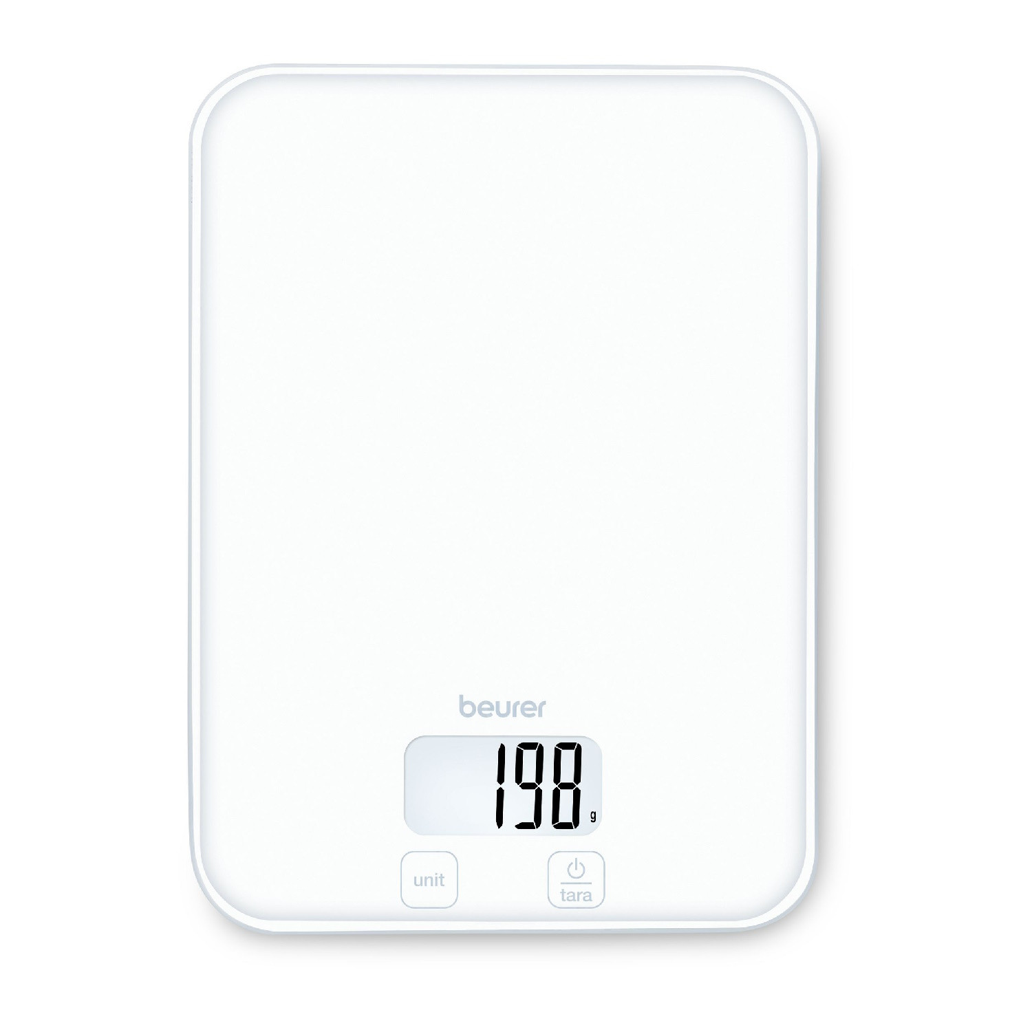 Cântar de bucătărie Beurer KS 19 Pure White, până la 5 kg, funcție TARE, comandă tactilă, ecran LCD, sticlă, ultra-subțire, roșu