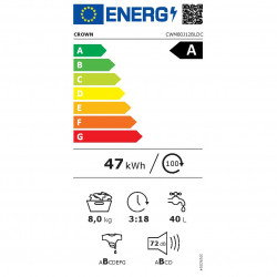 Crown CWM80J12BLDC elöltöltős mosógép, A osztály, 16 program, 8 kg, 1200 fordulat/perc, LED-kijelző, késleltetett indítás funkció, fehér