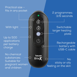 Уред за третиране на ухапвания от комари/насекоми Beurer BR 115 BiteX Max, BiteSpotLight, Без химични в-ва - подходящ и за бременни, Черен
