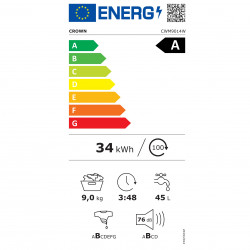 Crown CWM9014W Washing Machine, Energy Class A, 16 Programs, 9 kg, 1,400 rpm, Baby Care, Duvet Program, Steam, White