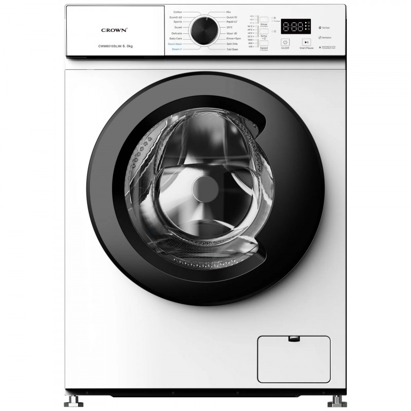 Crown CWM6010SLIM Washing Machine, Energy Class A, 16 Programs, 6 kg, 1,000 rpm, Baby Care, Steam, Bedding, White