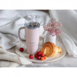 Θερμός με ενσωματωμένο καλαμάκι Buydeem DS57-P, 700 ml, Διατηρεί τη θερμοκρασία (ζεστό/κρύο) έως 6 ώρες, Θερμομονωτική μόνωση, Ανοξείδωτο ατσάλι, Χωρίς BPA, Ροζ