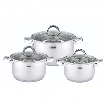Set de oale Rosberg R51210L6C, 6 buc., Scala de masurare, Capace din sticla, Otel inoxidabil, Inductie, Argintiu