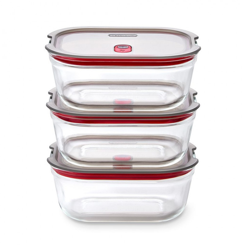 Set de 3 cutii pentru alimente Black+Blum Stack+Nest FBGR-BX-MPACK3, 0,9 l, dreptunghiulare, potrivite pentru cuptor, fără BPA, oțel inoxidabil, gri/roșu