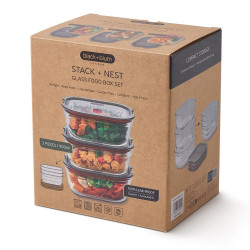 Set of 3 Black+Blum Stack+Nest FBGR-BX-MPACK3 Food Storage Containers, 0.9 L, Rectangular, Oven-Safe, BPA-Free, Stainless Steel, Gray/Red