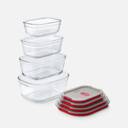 Комплект 4 бр кутии за храна Black+Blum Stack+Nest FBGR-BX-PACK4, 0.38/0.6/0.9/1.2 л, Правоъгълни, Подходящи за фурна, Без BPA, Неръждаема стомана, Сив/Червен