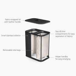 Καλάθι ρούχων Joseph Joseph Tota Luxe 5000005, 90 λίτρα, 2 διαχωριστικά, Χερούλια μεταφοράς, Μπαμπού, Μαύρο