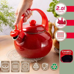 Kinghoff KH 2080 Whistling Kettle, 2 L, Enameled Interior, Induction, Red