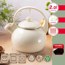 Kinghoff KH 2040 Whistling Kettle, 2 L, Enameled Interior, Induction, Cream