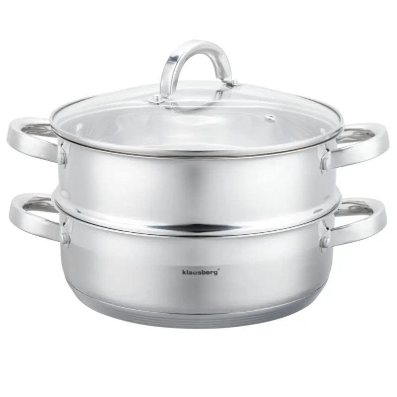Vas pentru gătit la aburi Klausberg KB 9073, 4,6 l, 26 cm, 3 piese, Gătit simultan pe 2 niveluri, Scală de măsurare, Fund cu 5 straturi, Oțel inoxidabil