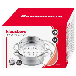 Vas pentru gătit la aburi Klausberg KB 9073, 4,6 l, 26 cm, 3 piese, Gătit simultan pe 2 niveluri, Scală de măsurare, Fund cu 5 straturi, Oțel inoxidabil