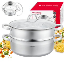Klausberg KB 9073 gőzfőző edény, 4,6 l, 26 cm, 3 részes, egyidejű főzés 2 szinten, mérőskála, 5 rétegű alj, rozsdamentes acél