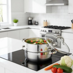 Klausberg KB 9072 Steamer, 3.5 L, 24 cm, 3-piece set, Simultaneous cooking on 2 levels, Measurement scale, 5-layer base, Induction, Stainless steel
