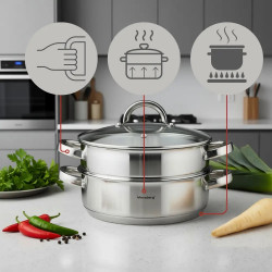 Тенджера за готвене на пара Klausberg KB 9072, 24 см, 3.5л, 3 части, Дебело дъно, Индукция, Инокс