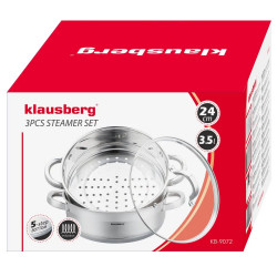 Klausberg KB 9072 Steamer, 3.5 L, 24 cm, 3-piece set, Simultaneous cooking on 2 levels, Measurement scale, 5-layer base, Induction, Stainless steel