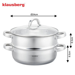 Klausberg KB 9072 Steamer, 3.5 L, 24 cm, 3-piece set, Simultaneous cooking on 2 levels, Measurement scale, 5-layer base, Induction, Stainless steel