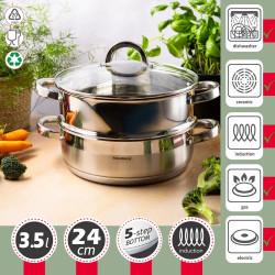 Klausberg KB 9072 Steamer, 3.5 L, 24 cm, 3-piece set, Simultaneous cooking on 2 levels, Measurement scale, 5-layer base, Induction, Stainless steel