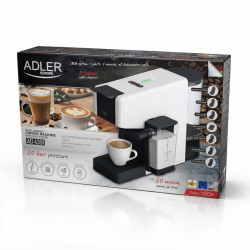 Еспресо машина Adler AD 4391, 1400W, 20 bar, 0.8 л, 8 приставки, Разпенване, Бял/черен