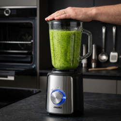 Blender Mesko MS 4080, 1200 W, 1,5 l, 21 000 rpm, 6 lame, 2 viteze + funcție puls, capac cu orificiu, inox/negru