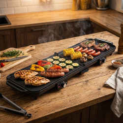 Двойна сгъваема електрическа скара Adler AD 6617, 3000W, Отваряне на 180°, 96х26 см, Незалепващи плочи, 2 термостата, Тавичка за мазнина, Черен