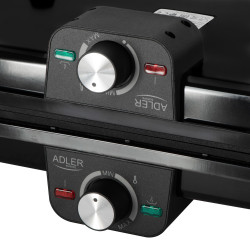 Adler AD 6617 összecsukható kettős elektromos grill, 3000 W, 180°-os kinyitás, 96×26 cm, tapadásmentes sütőlapok, 2 termosztát, zsírfogó tálca, fekete