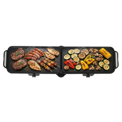 Двойна сгъваема електрическа скара Adler AD 6617, 3000W, Отваряне на 180°, 96х26 см, Незалепващи плочи, 2 термостата, Тавичка за мазнина, Черен