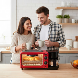 NostroLux NL51441G 3-in-1 Breakfast Appliance, 1050W, 9 L, Grill, Coffee Maker, Timer, Air Circulation, Red/Black