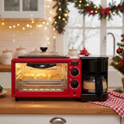 NostroLux NL51441G 3-in-1 Breakfast Appliance, 1050W, 9 L, Grill, Coffee Maker, Timer, Air Circulation, Red/Black