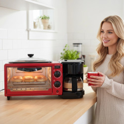 Aparat combinat pentru micul dejun 3in1 NostroLux NL51441G, 1050 W, 9 l, Gratar, Preparare cafea, Temporizator, Circulatie a aerului, Rosu/Negru