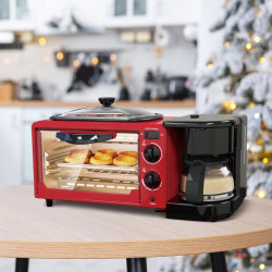 NostroLux NL51441G 3-in-1 Breakfast Appliance, 1050W, 9 L, Grill, Coffee Maker, Timer, Air Circulation, Red/Black