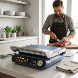 Gratar electric Nostro Lux NL51442P, 2200 W, Ecran tactil, Placi mobile antiaderente, Deschidere la 180°, Albastru/Gri