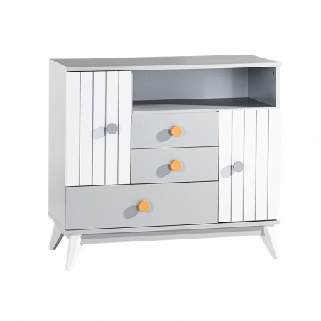 Детски скрин Carmen BIRD HOUSE 3575241, 2 рафта, 3 чекмеджета, 2 шкафа, Плавно затваряне, Бял/сив