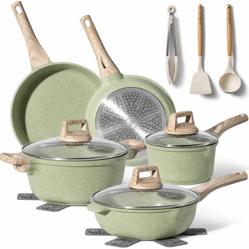 Комплект съдове за готвене Just Perfecto JL-33SET, 13 части, Алуминии, Мраморно покритие, Стъклени капаци с отвор за пара, Без PTFE и PFOA, Индукция, Зелен