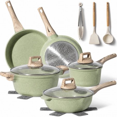 Set de vase de gătit Just Perfecto JL-33SET, 13 piese, aluminiu, acoperire marmorată, capace din sticlă cu orificiu pentru aburi, fără PTFE și PFOA, compatibil cu plitele cu inducție, verde
