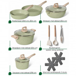 Set de vase de gătit Just Perfecto JL-33SET, 13 piese, aluminiu, acoperire marmorată, capace din sticlă cu orificiu pentru aburi, fără PTFE și PFOA, compatibil cu plitele cu inducție, verde