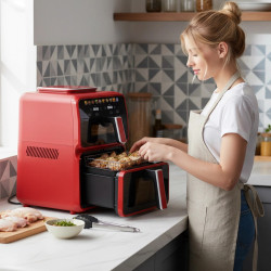 NostroLux Noir-Rogue NL51980CD Hot Air Fryer, 3000W, 4.5+6.5 L, 12 programs, Up to 200°C, 2 independent zones, Dehydration, Synchronization, Touchscreen, Timer, Red/Black