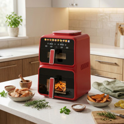 NostroLux Noir-Rogue NL51980CD Hot Air Fryer, 3000W, 4.5+6.5 L, 12 programs, Up to 200°C, 2 independent zones, Dehydration, Synchronization, Touchscreen, Timer, Red/Black