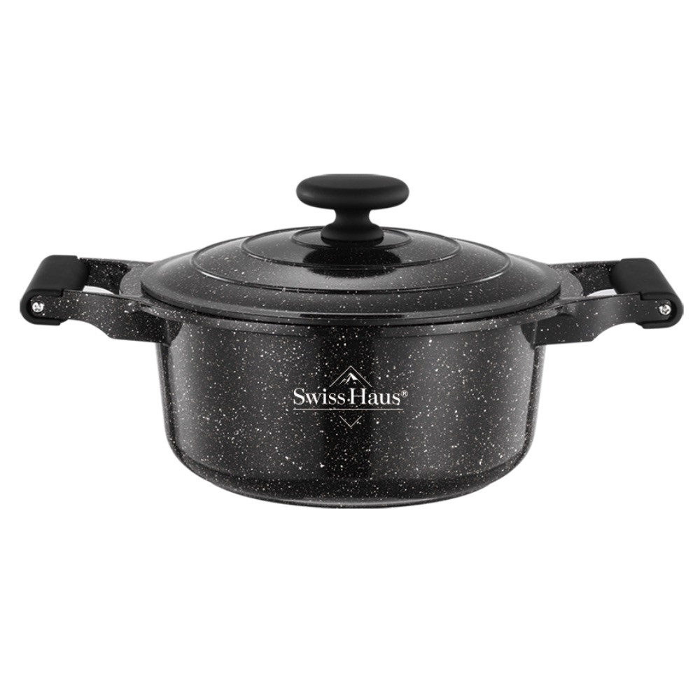 Oala cu capac Swiss Haus SH-MC24B, 4,3 l, 24 cm, Acoperire ceramica Sapphire, Cuptor pana la 220°C, Toate plitele inclusiv inductie, Negru
