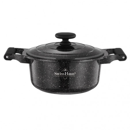Oala cu capac Swiss Haus SH-MC28B, 7,1 l, 28 cm, Acoperire ceramica Sapphire, Cuptor pana la 220°C, Toate plitele inclusiv inductie, Negru