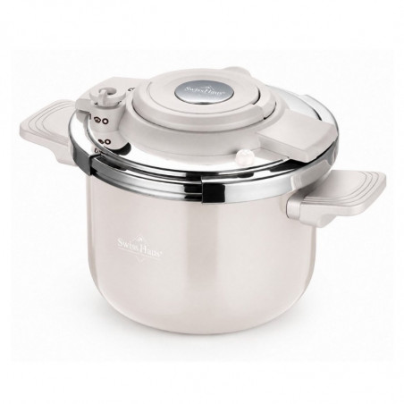 Swiss Haus SH-PC6LCR nyomás alatti fazék, 6 l, 22 cm, háromrétegű szerkezet, vízszintjelző, zafír-kerámia bevonat, indukciós főzésre alkalmas, krém színű