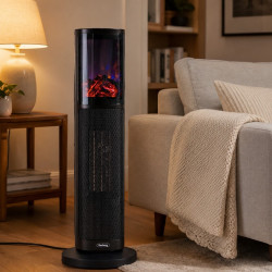 Aeroterma ceramica coloana PTC Rosberg R51970IF, 1500W, 8 m², 2 trepte, Efect de flacara, Oscilatie, Telecomanda, Negru